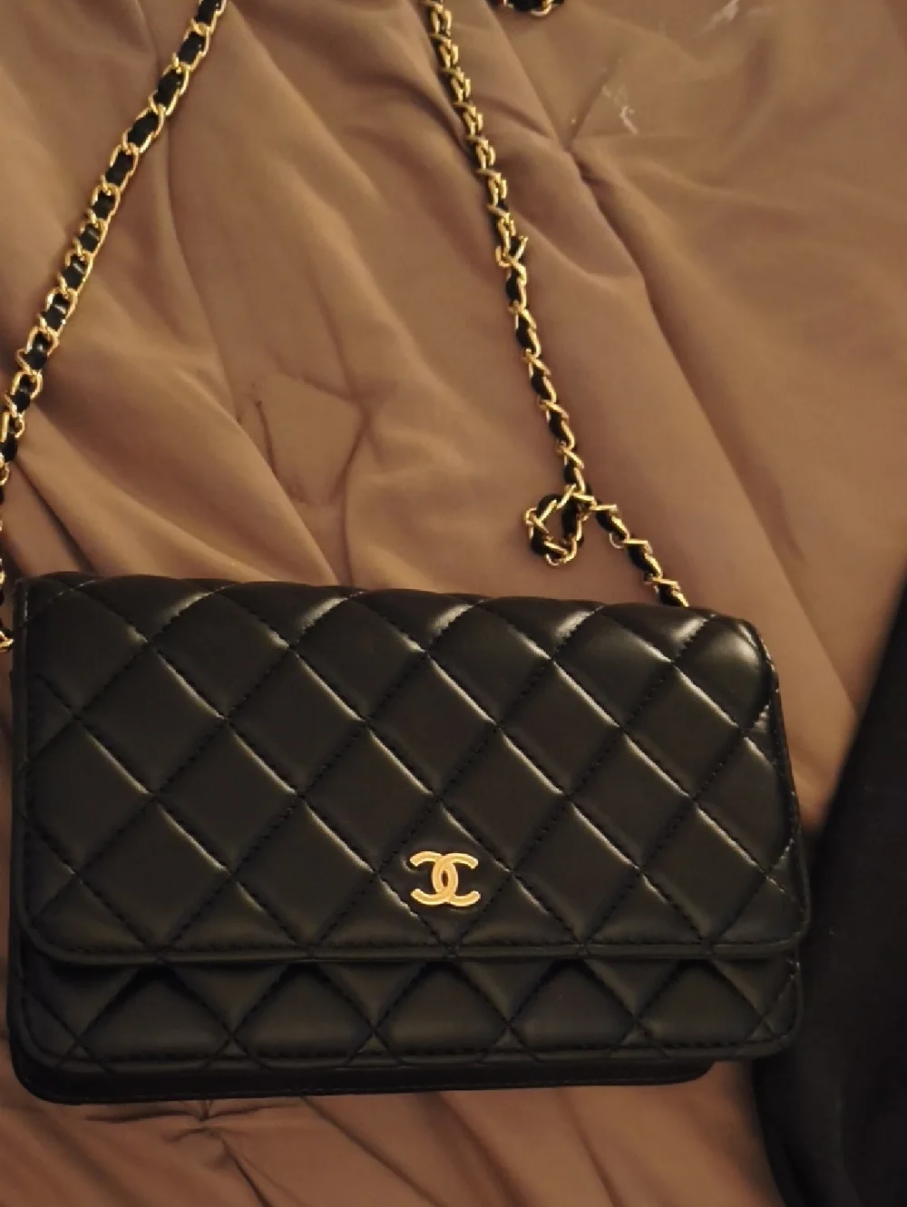 Authentic CHANEL Small  Black Quilted Leather Crossbody Baggett with Gold Chain - Picture 3 of 11